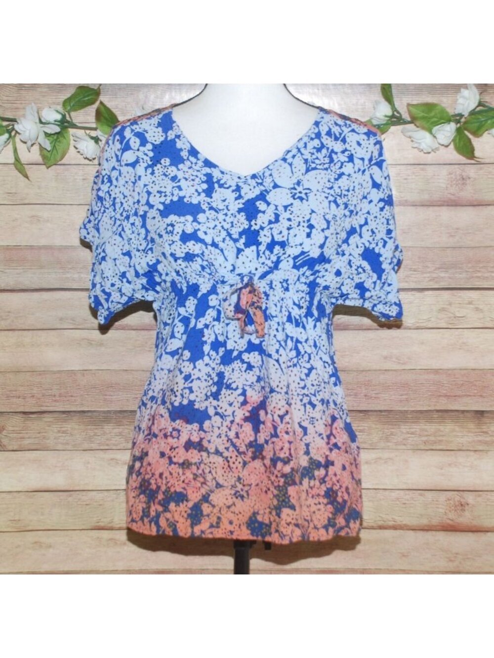 Cabi Summer Tie Waist Shirt Ombre V-Neck Kimono Short Sleeve Top Size S #891